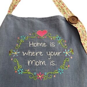 Natural Life Home Is Where Your Mom Is Apron Blue Linen Blend Floral Ruffle Trim